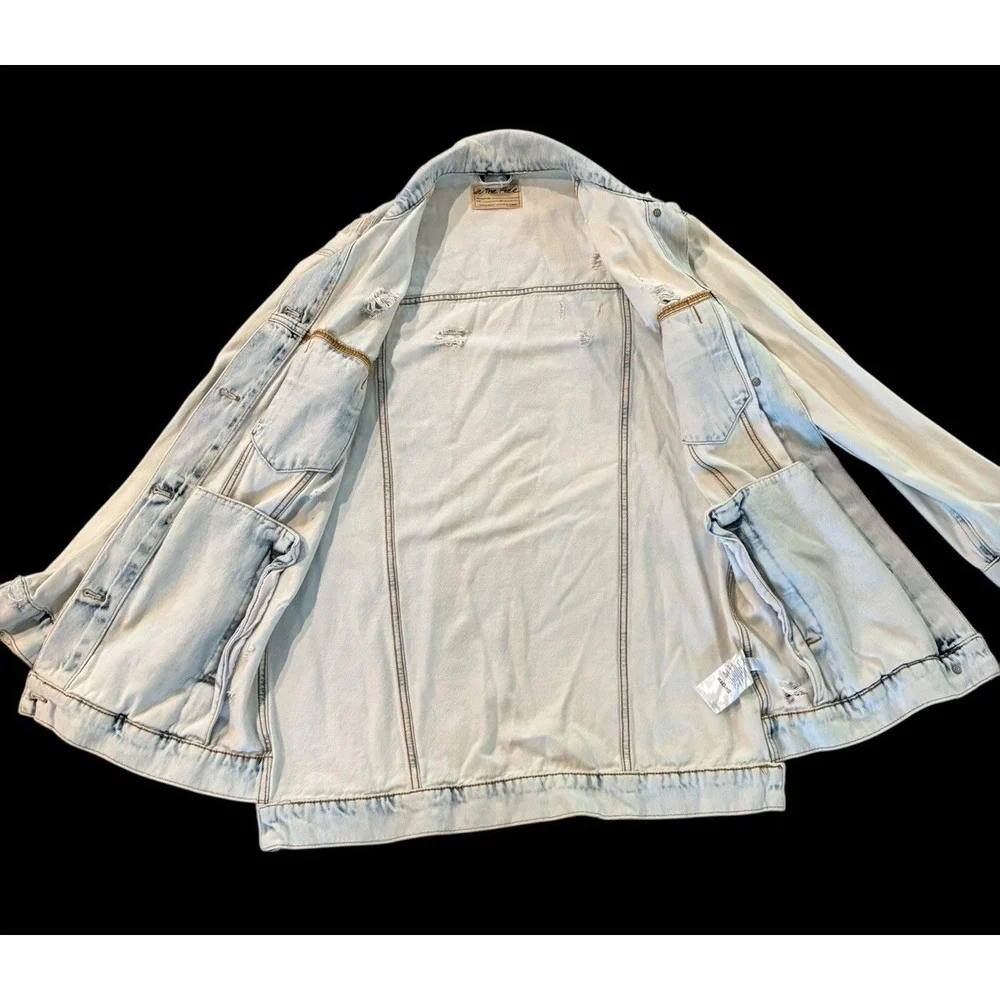 Free People‎ We The Free Destroyed Long & Lean Trucker Jacket Denim S Oversized - Picture 5 of 8